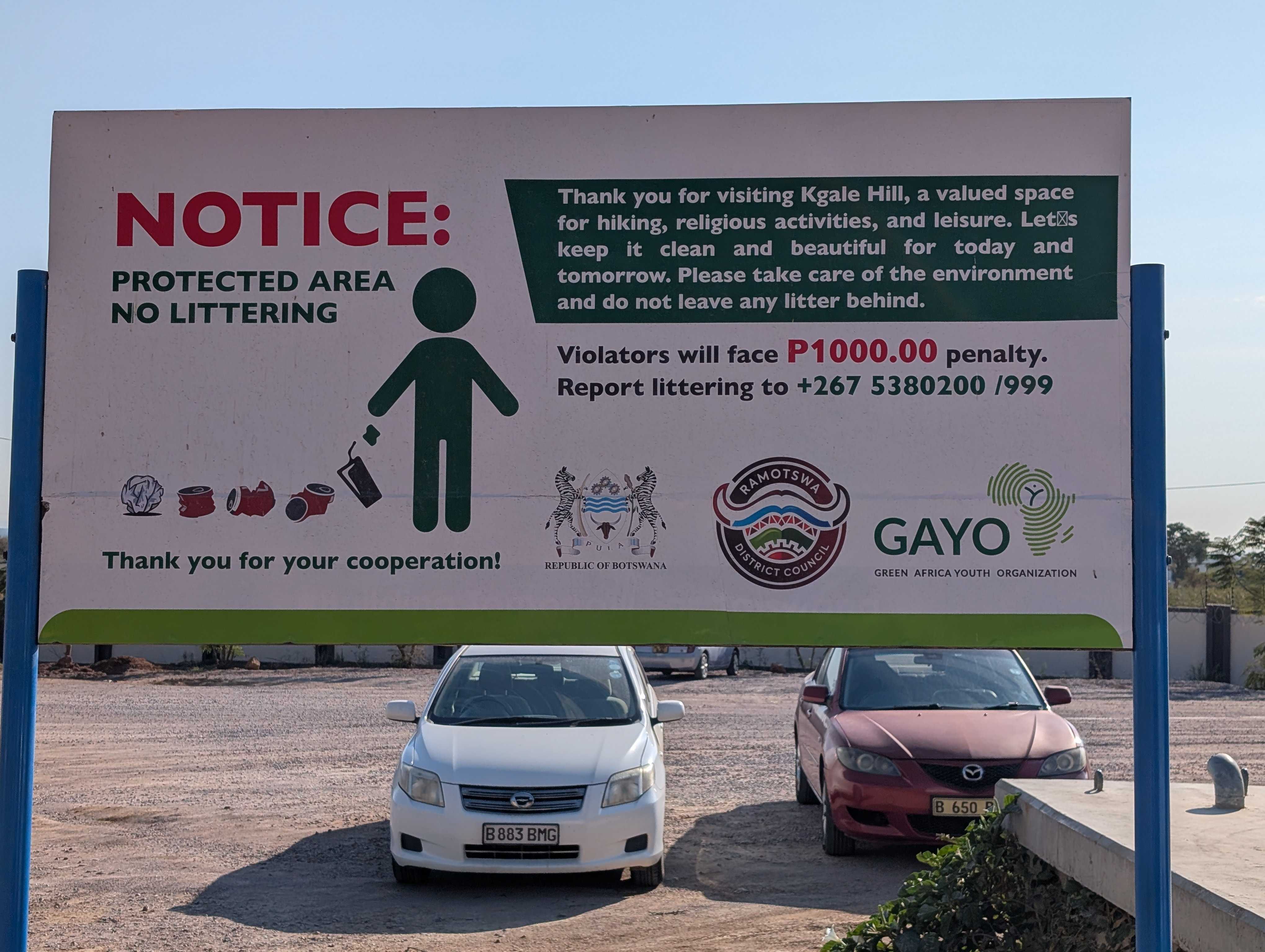 Kgale Hill sign instructing us not to litter